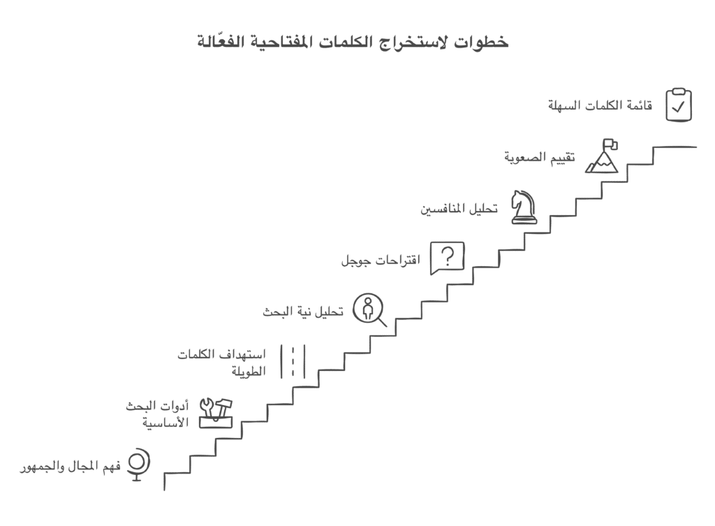 رسم توضيحي لخطوات استخراج الكلمات المفتاحية الفعالة كأنها درج من 9 خطوات: فهم المجال والجمهور، أدوات البحث، استهداف الكلمات الطويلة، تحليل نية البحث، اقتراحات جوجل، تحليل المنافسين، تقييم الصعوبة، قائمة الكلمات السهلة.