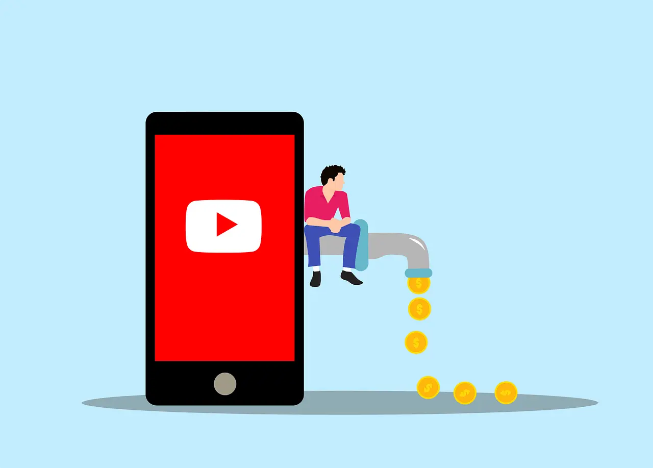 شخص يقف على شعار يوتيوب مع حنفية ترمز لأرباح الكلمات المفتاحية